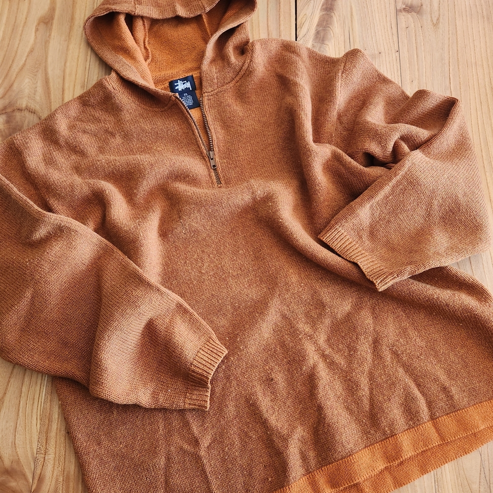 Vintage Stussy Hooded 1/4 Zip Wool Sweater - XL